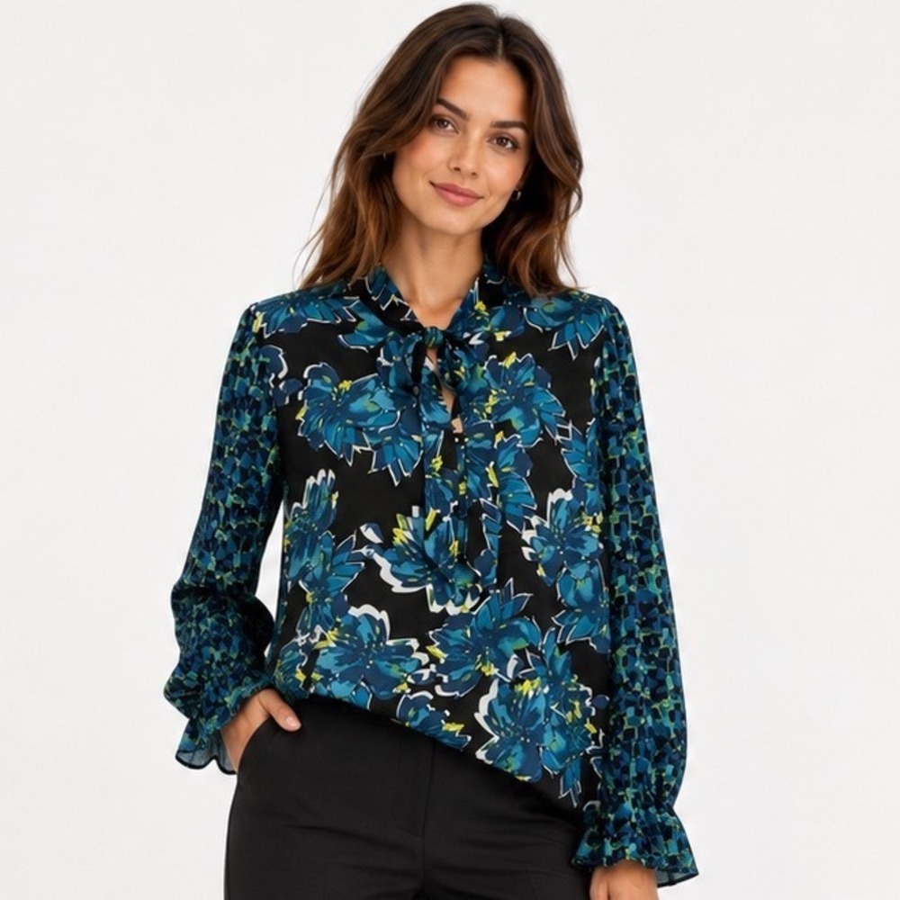 Counterparts Tie Neck Blouse XL Blue Floral Long Sleeve Smocked Cuff Top NEW
